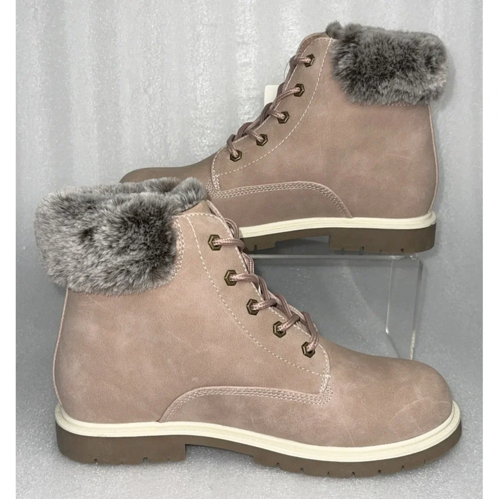Thereabouts London Hiking Combat Boots Pink w/ Fur Lace Up Big Girls Size 5‎ NEW